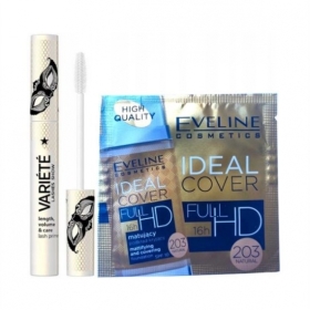 EVELINE COSMETICS VARIETE Wzmacniająca baza pod tusz do rzęs 10 ml + EVELINE IDEAL COVER podkład kryjący matujący FULL HD naturaly nr.203 1.5 ml