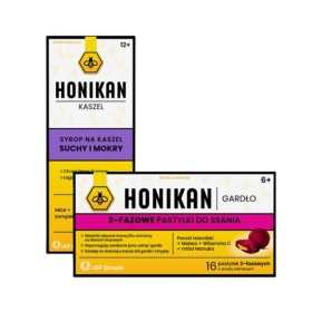 Honikan Gardło 2-fazowe pastylki do ssania 16 pastylek + Honikan Kaszel syrop 230 g