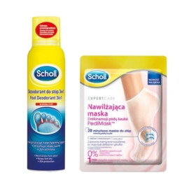 Scholl Dezodorant do stóp 3 w 1 spray neutralizujący zapach 150 ml + Scholl Nawilżajaca maska do stóp Kokos 1 para