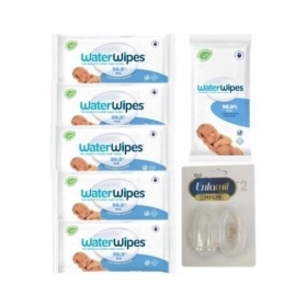 Zestaw: WaterWipes 5x60 sztuk + chusteczki podróżne + szczoteczka do zębów dla niemowląt