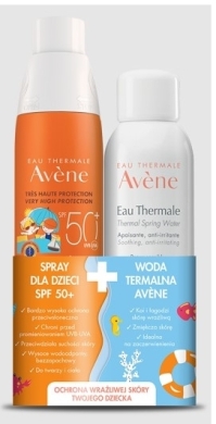 AVENE Zestaw Spray dla dzieci SPF50+ Bardzo wysoka ochrona 200 ml + Woda termalna 150 ml