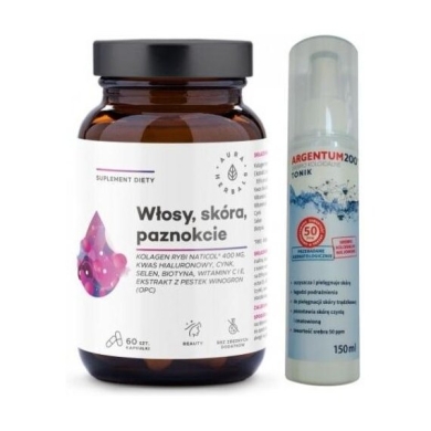 Aura Herbals Kolagen Rybi NatiCol, Włosy, Skóra, Paznokcie 60 kapsułek + Argentum200 tonik 50ppm 150 ml