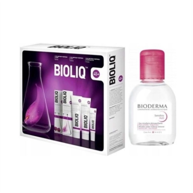 BIOLIQ 45+ Zestaw: Krem na dzień i noc + pod oczy i usta  + Bioderma Sensibio H20 100 ml
