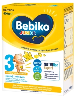Bebiko Junior 3 odżywcza formuła na bazie mleka dla dzieci powyżej 1. roku życia o smaku waniliowym 600 g