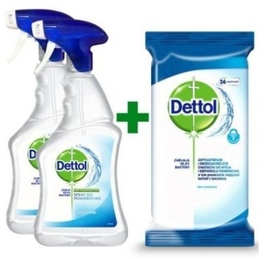 Dettol Antybakteryjny spray do powierzchni - 2 x 500 ml Do dezynfekcji + Antybakteryjne chusteczki