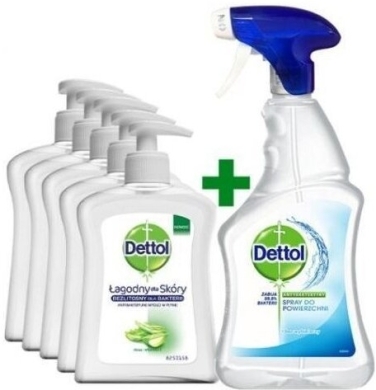 Dettol Mydło Aloe vera - 5 x 250 ml Mydło antybakteryjne + Dettol Antybakteryjny spray 500 ml
