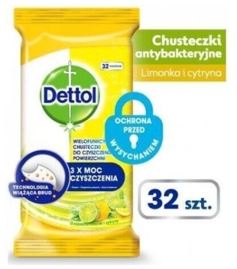 Dettol Wielofunkcyjne Chusteczki Do Czyszczenia Powierzchni Limonka i Cytryna 32 szt