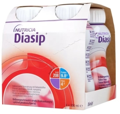 Diasip, płyn, smak truskawkowy, 4 x 200 ml