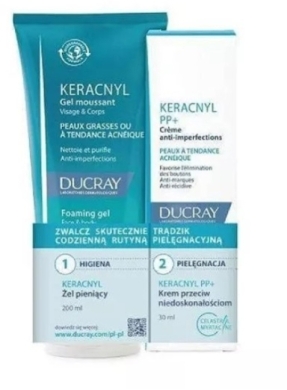 Ducray Keracnyl - żel pieniący 200 ml + krem PP+ przeciw niedoskonałościom 30 ml, 1 zestaw