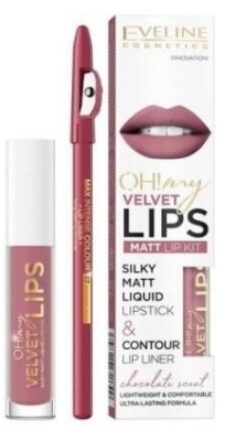 EVELINE COSMETICS OH! MY VELVET LIPS Aksamitna matowa pomadka w płynie + konturówka 13 Brownie Biscotti