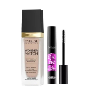 EVELINE WONDER MATCH Podkład do twarzy 35 sunny beige 30 ml + Tusz Eveline Extra Lashes 12ml