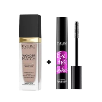 EVELINE WONDER MATCH Podkład do twarzy 45 honey 30 ml + Tusz Eveline Extra Lashes 12ml