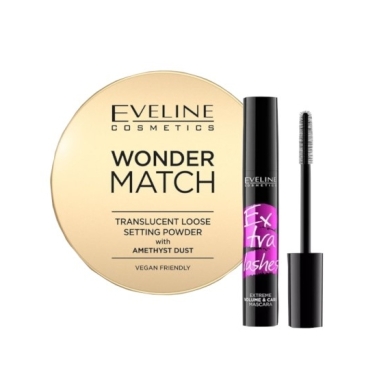 EVELINE WONDER MATCH TRANSCULENT LOOSE SETTING Puder z pyłem ametystowym 6g + Tusz Eveline Extra Lashes 12ml