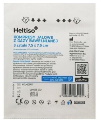 HELTISO kompresy jałowe 17 nitkowe 8 warstwowe 7,5x7,5 cm 3 szt