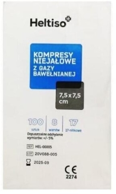 HELTISO kompresy niejałowe 17 nitkowe 8 warstwowe 7,5x7,5 cm 100szt