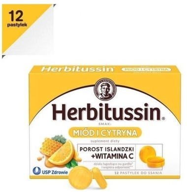 Herbitussin Miód i Cytryna z porostem islandzkim i witaminą C 12 pastylek do ssania