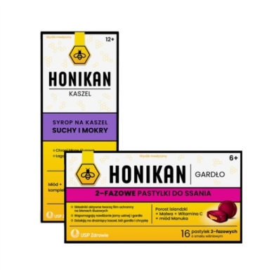 Honikan Gardło 2-fazowe  pastylki do ssania 16 pastylek + Honikan Kaszel syrop 230 g
