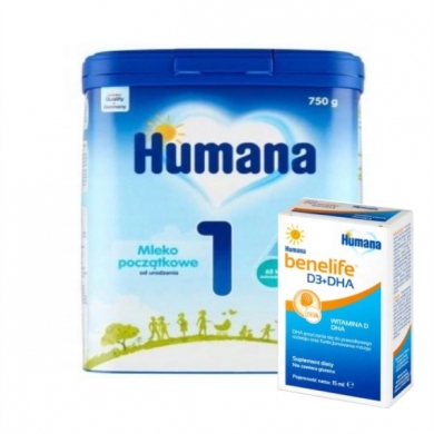 Humana 1 proszek 750 g + Humana benelife witamina D3