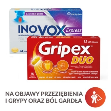 Inovox Express smak miodowo-cytrynowy 24 pastylki + Gripex Duo 16 tabletek powlekanych