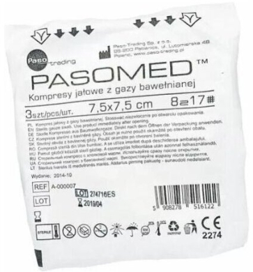 Kompresy jałowe Pasomed 17-nitkowe 8-warstwowe 7,5 cm x 7,5 cm 3 sztuki