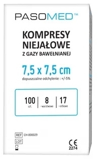 Kompresy niejałowe PASOMED 17 nitkowe 8 warstwowe 7,5 x 7,5 cm 100 sztuk