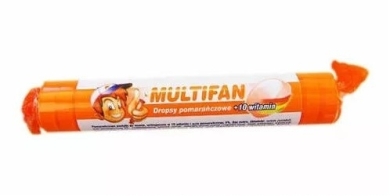 Multifan dropsy pomarańczowe zawierajace 10 witamin, bez cukru 17 pastylek