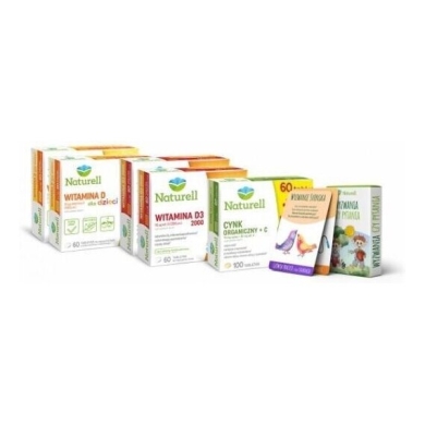 NATURELL Cynk organiczny + C  100 tabletek + NATURELL Witamina D dla dzieci 60 tabletek + NATURELL Witamina D3 2000 60 tabletek + karty do gry wyzwania czy pytania