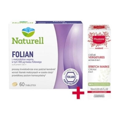 NATURELL Folian 60 tabletek + Mustela krem na rozstępy 10 ml