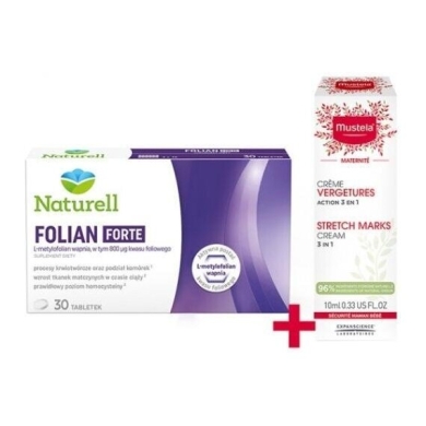NATURELL Folian Forte 30 tabletek  + Mustela krem na rozstępy 10 ml