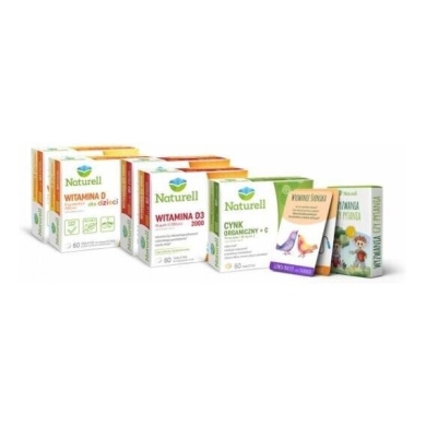 NATURELL Witamina D3 2000 2x60 tabletek + Naturell Cynk Organiczny + Witamina C 100 tabletek + NATURELL Witamina D dla dzieci 2x60 tabletek + karty d/gry wyzwania czy pytania 