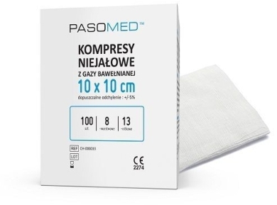 PASOMED Kompresy niejałowe 13 nitkowy 8 warstwowy 10 cm x 10 cm 100 sztuk
