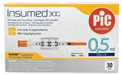 PiC Solution Insumed 0,5ml 30G x 8 mm Strzykawki Insulinowe 30 sztuk