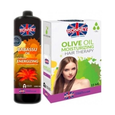 RONNEY Babassu Oil szampon energetyzujący do włosów farbowanych i matowych 1L + Ronney olejek do włosów 15ml