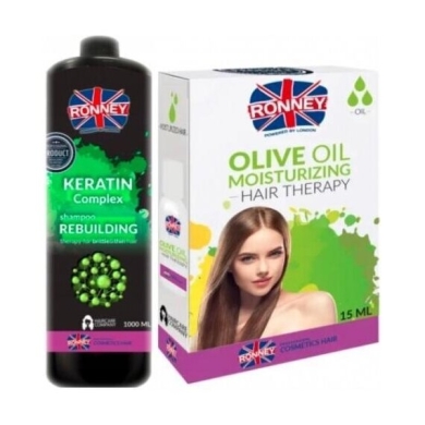RONNEY Keratin Complex szampon odbudowujący do włosów kruchych i cienkich 1L + Ronney olejek do włosów 15ml
