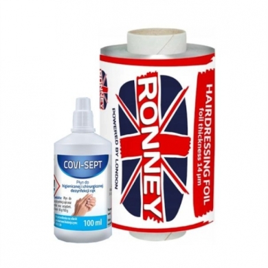 RONNEY folia fryzjerska aluminiowa 14 mikronów + COVI-SEPT płyn do dezynfekcji rąk 100 ml
