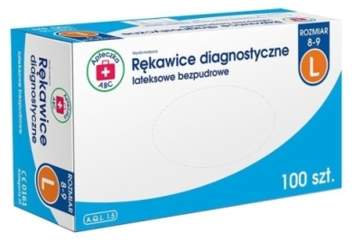 Rękawice diagnostyczne lateksowe bezpudrowe L APTECZKA ABC 100 sztuk