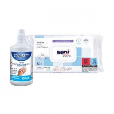 SENI CARE Chusteczki pielęgnacyjne 80 sztuk + COVI SEPT płyn do dezynfekcji rąk 100 ml