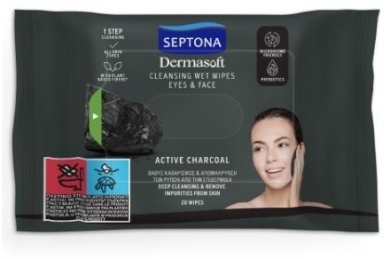 SEPTONA DERMASOFT Oczyszczające Chusteczki nawilżane z aktywnym węglem do twarzy i oczu 20 sztuk