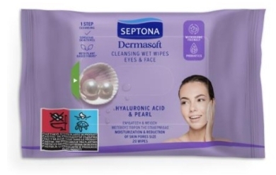 SEPTONA DERMASOFT Oczyszczające Chusteczki nawilżane z kwasem hialuronowym i perłą do twarzy i oczu 20 sztuk