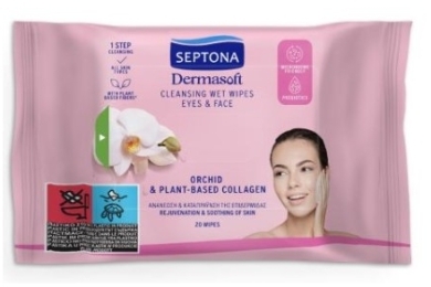 SEPTONA DERMASOFT Oczyszczające Chusteczki nawilżane z orchideą i kolagenem do twarzy i oczu 20 sztuk