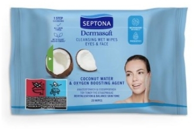SEPTONA DERMASOFT Oczyszczające Chusteczki nawilżane z wodą kokosową do twarzy i oczu 20 sztuk