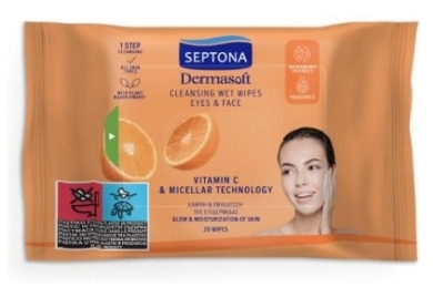 SEPTONA DERMASOFT Oczyszczające Chusteczki z Witaminą C i technologią micelarną do twarzy i oczu 20 sztuk