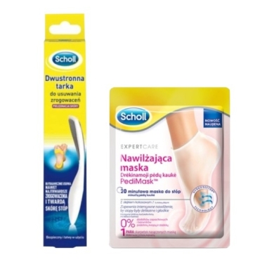 Scholl Dwustronna tarka do usuwania zrogowaceń + Scholl Nawilżajaca maska do stóp Kokos 1 para