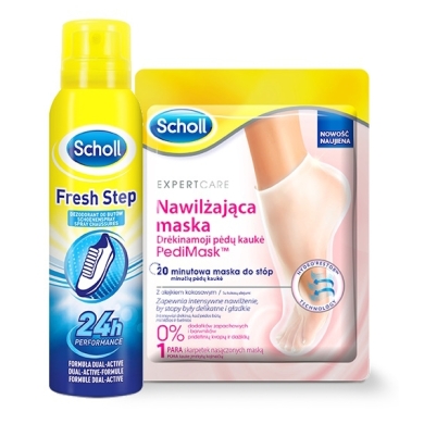 Scholl Fresh Step Dezodorant do butów spray neutralizujący zapach 150 ml + Scholl Nawilżajaca maska do stóp Kokos 1 para