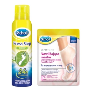 Scholl Fresh Step Dezodorant do stóp spray neutralizujący zapach 150 ml + Scholl Nawilżajaca maska do stóp Kokos 1 para