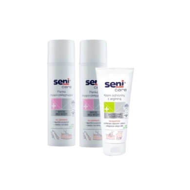 Seni Care Pianka Myjąco-Pielęgnująca Bez Użycia Wody 500 ml x2+ Seni Care Krem ochronny z argininą 20 ml