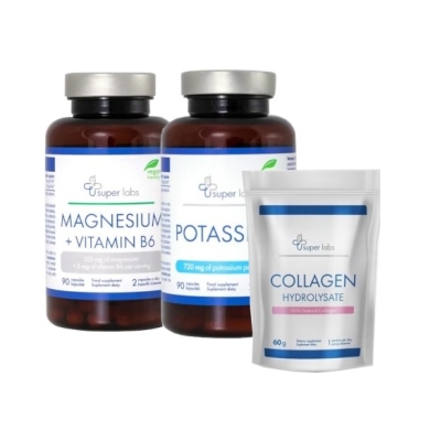 Super Labs Magnesium + Vitamin B6 90 kapsułek + Super Labs Potassium 90 kapsułek + Collagen hydrolysate 60g