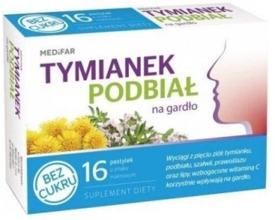 Tymianek Podbiał bez cukru MEDIFAR 16 pastylek
