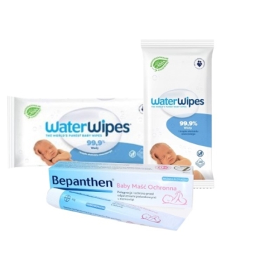 WaterWipes Chusteczki nawilżane 99,9% wody i ekstrakt owocowy 5x60szt. + Chusteczki podróżne 10 szt. + Bepanthen Baby maść 30g