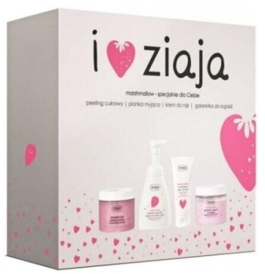 ZIAJA MARSHMALLOW Zestaw peeling cukrowy 300 ml + galaretka myjąca do kąpieli 260 ml + krem do rąk 50 ml + pianka myjąca do ciała i dłoni 250 ml